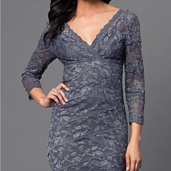 Cache Silver Pewter Gray Sequin Lace Layered Mini Sheath Occasion Dress Size 2 - Picture 2 of 16